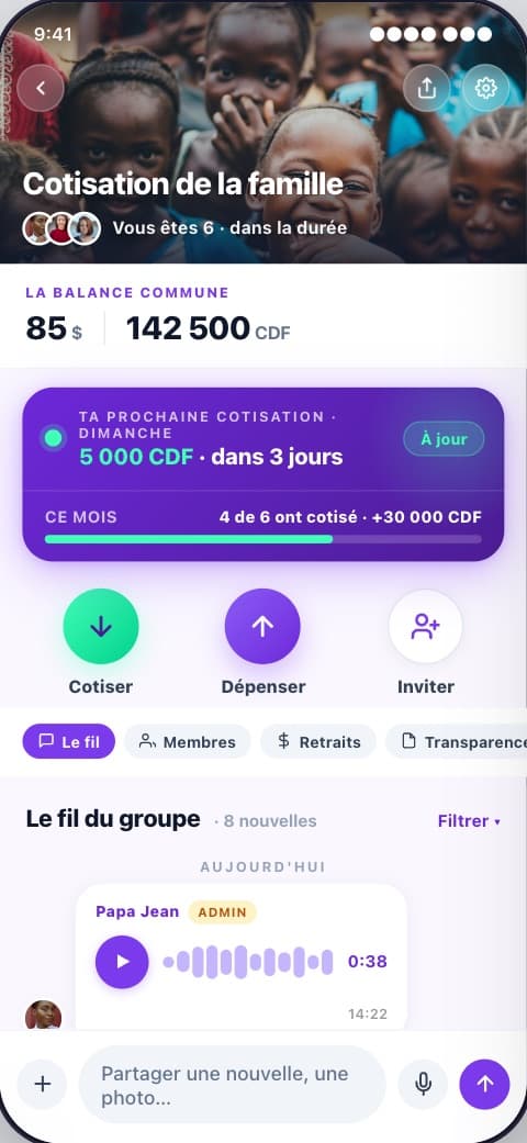 Un groupe de cotisation : la balance commune, la prochaine cotisation et le fil du groupe
