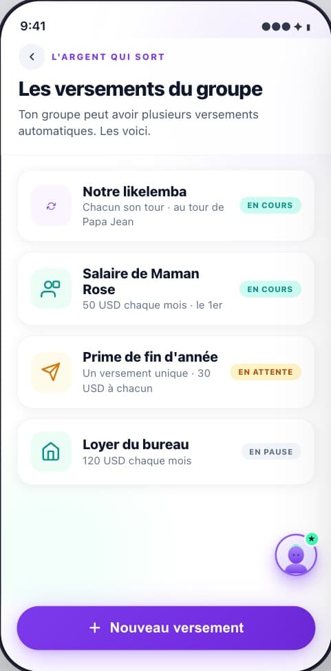 Les versements automatiques d'un groupe : un likelemba, un salaire, une prime, un loyer