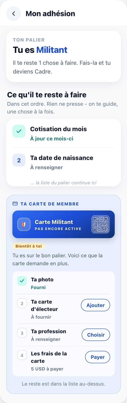 Mon adhésion : le palier et ce qu'il reste à faire