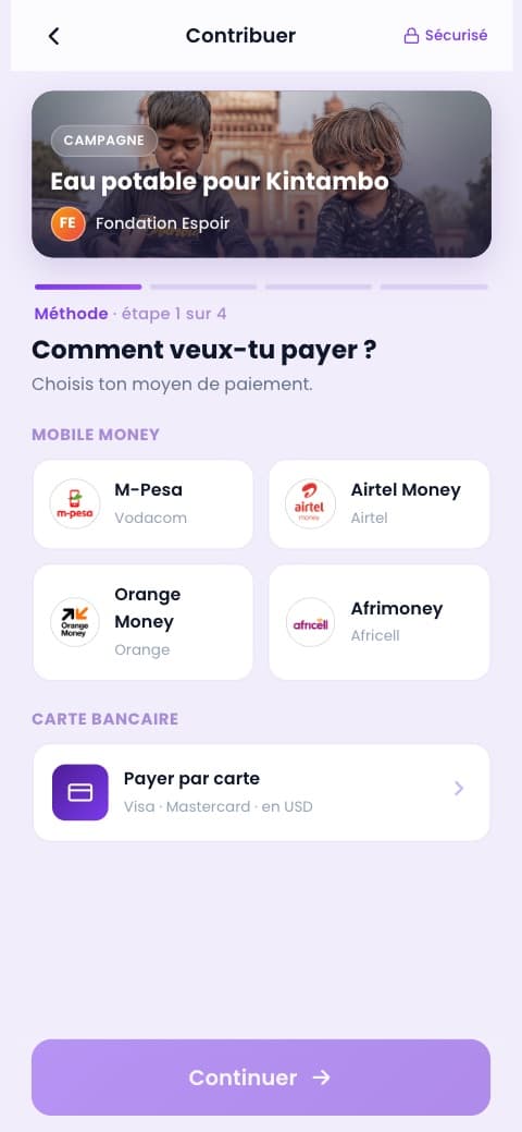Contribuer : mobile money ou carte bancaire