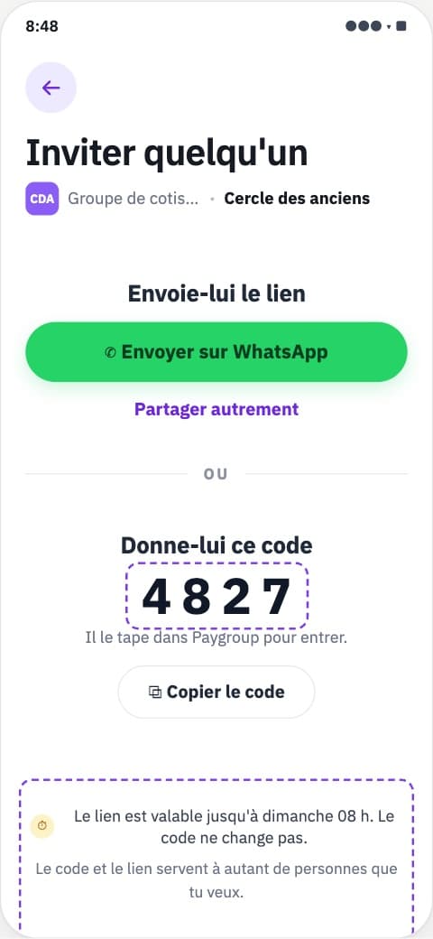 Inviter quelqu'un : un lien, ou un code à quatre chiffres